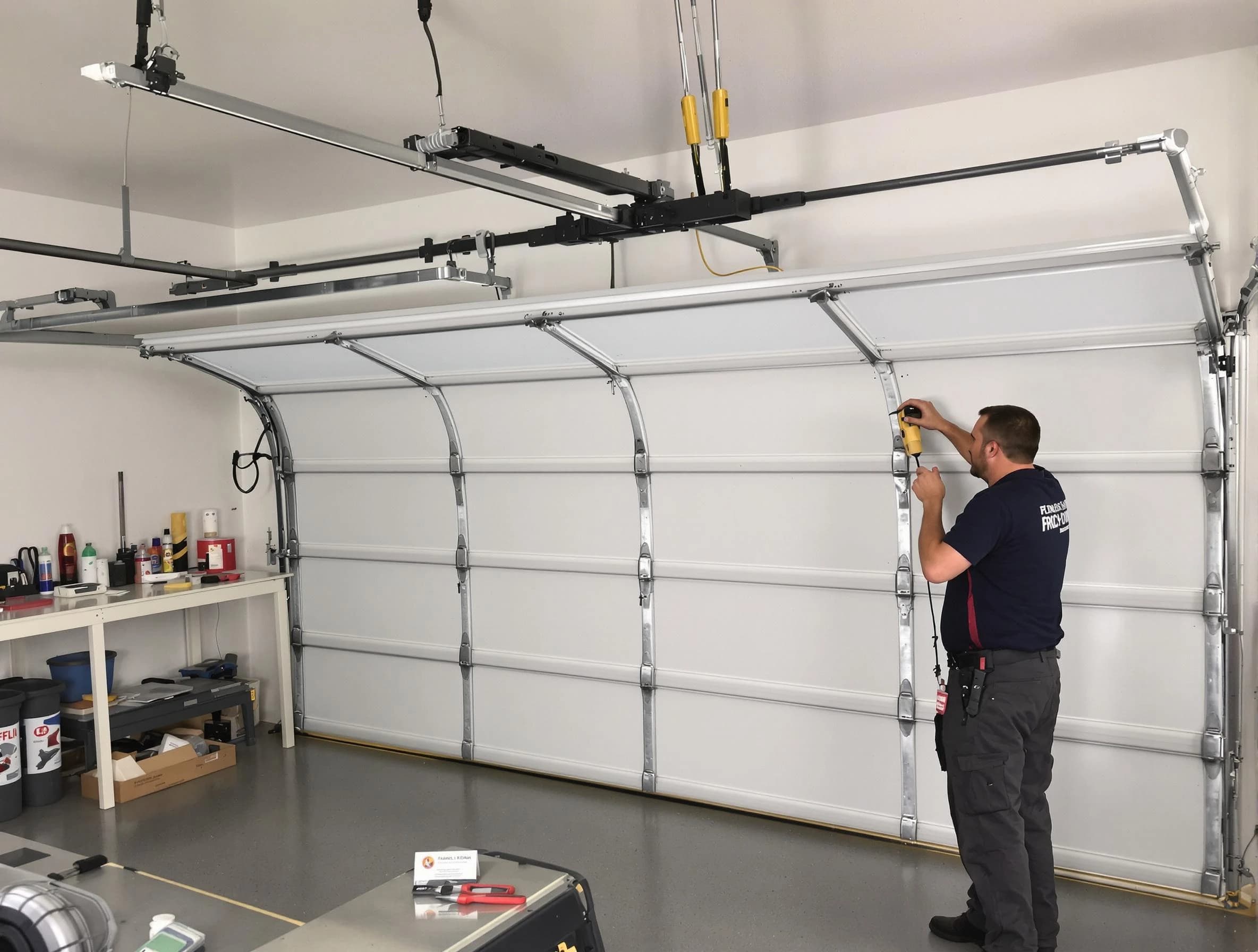 Magna Garage Door Repair certified technician performing overhead door system repair in Magna