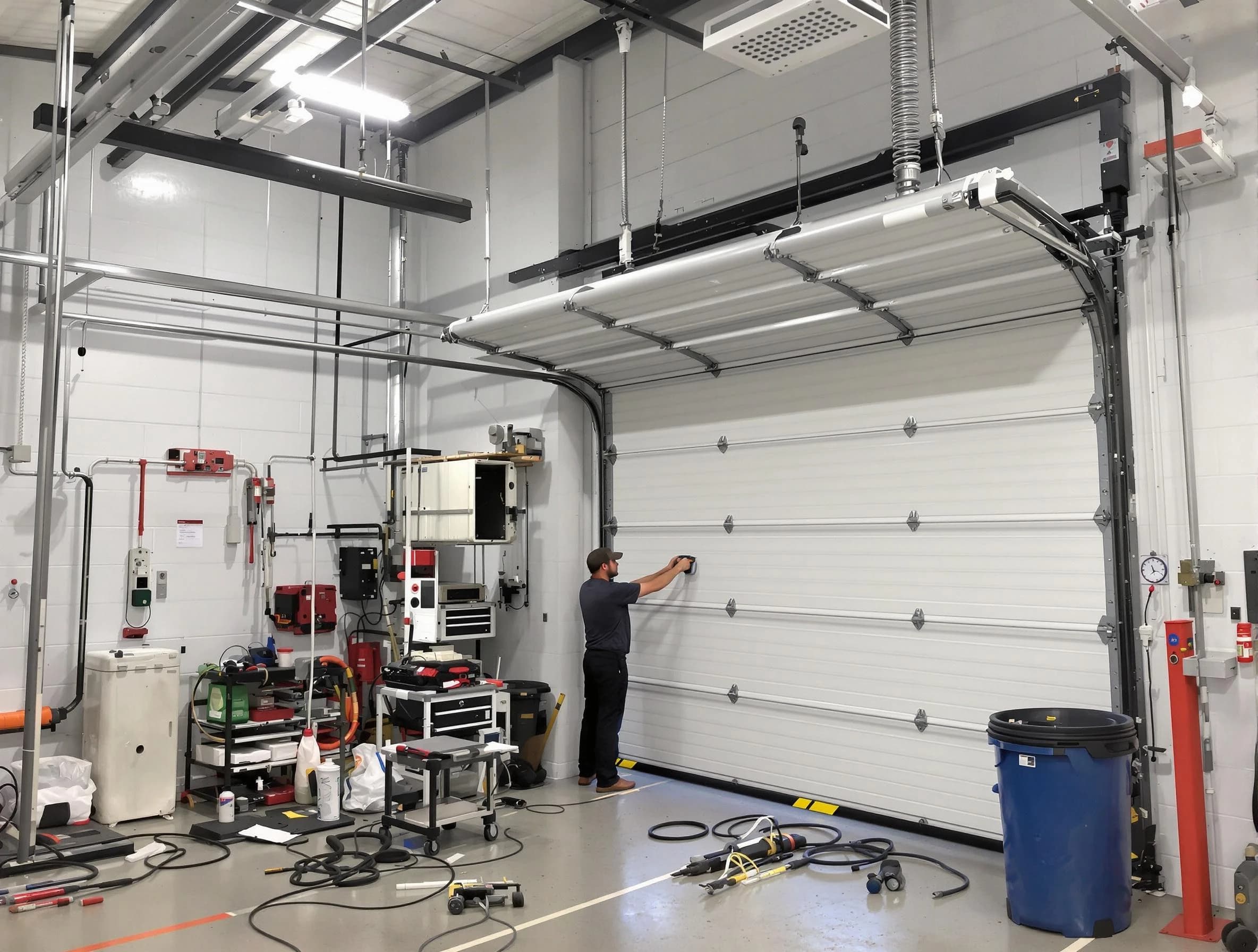 Magna Garage Door Repair certified technician performing commercial door repair at a Magna business facility