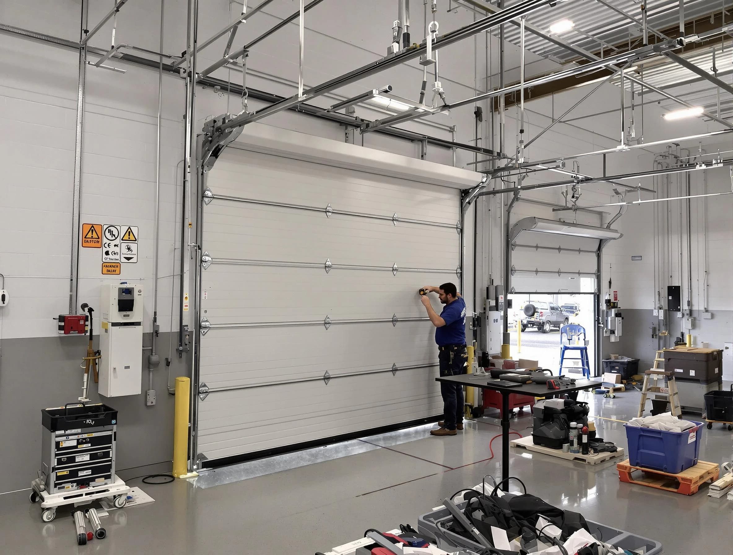 Commercial garage door repair being performed by Magna Garage Door Repair expert in Magna