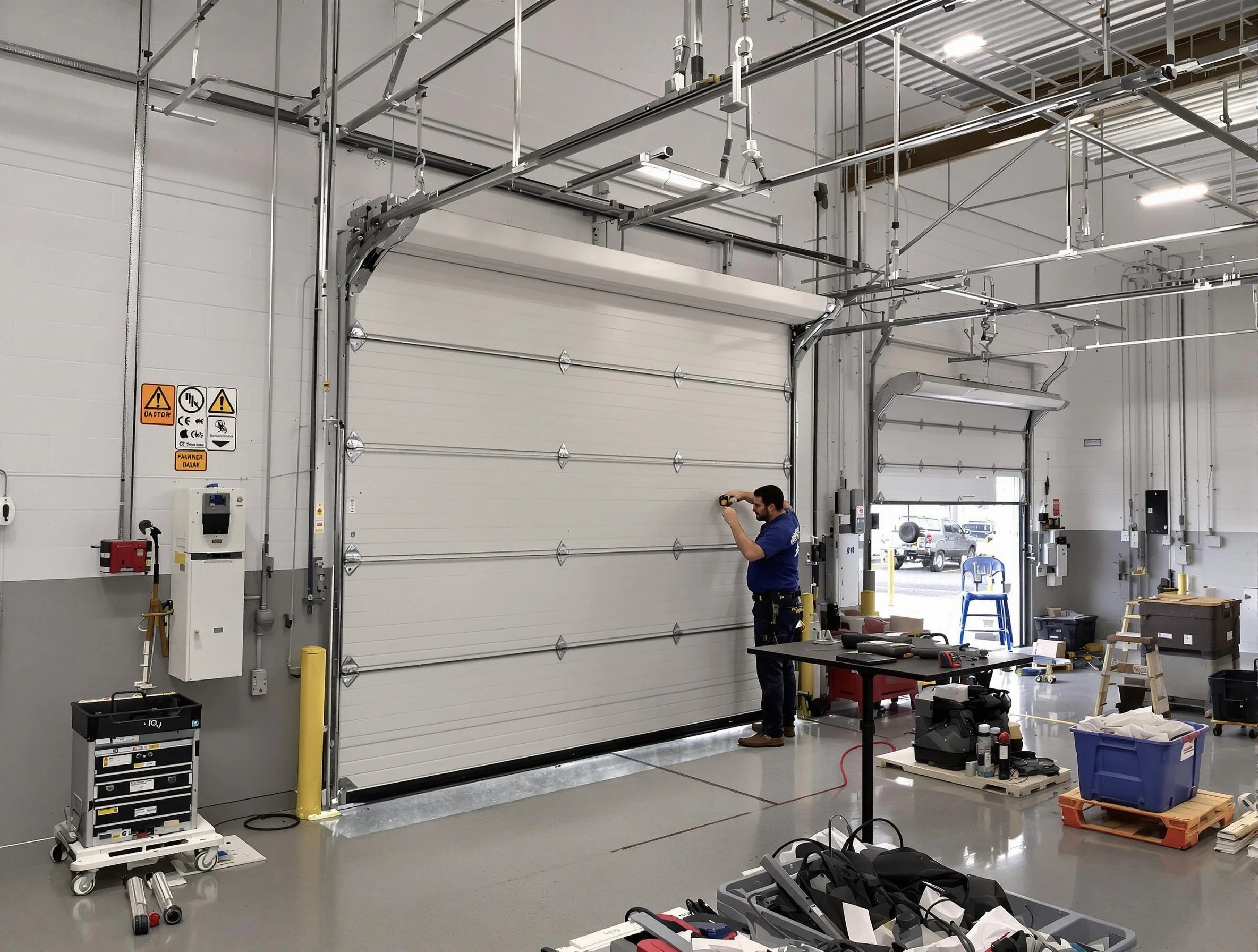 Commercial garage door repair being performed by Magna Garage Door Repair expert in Magna
