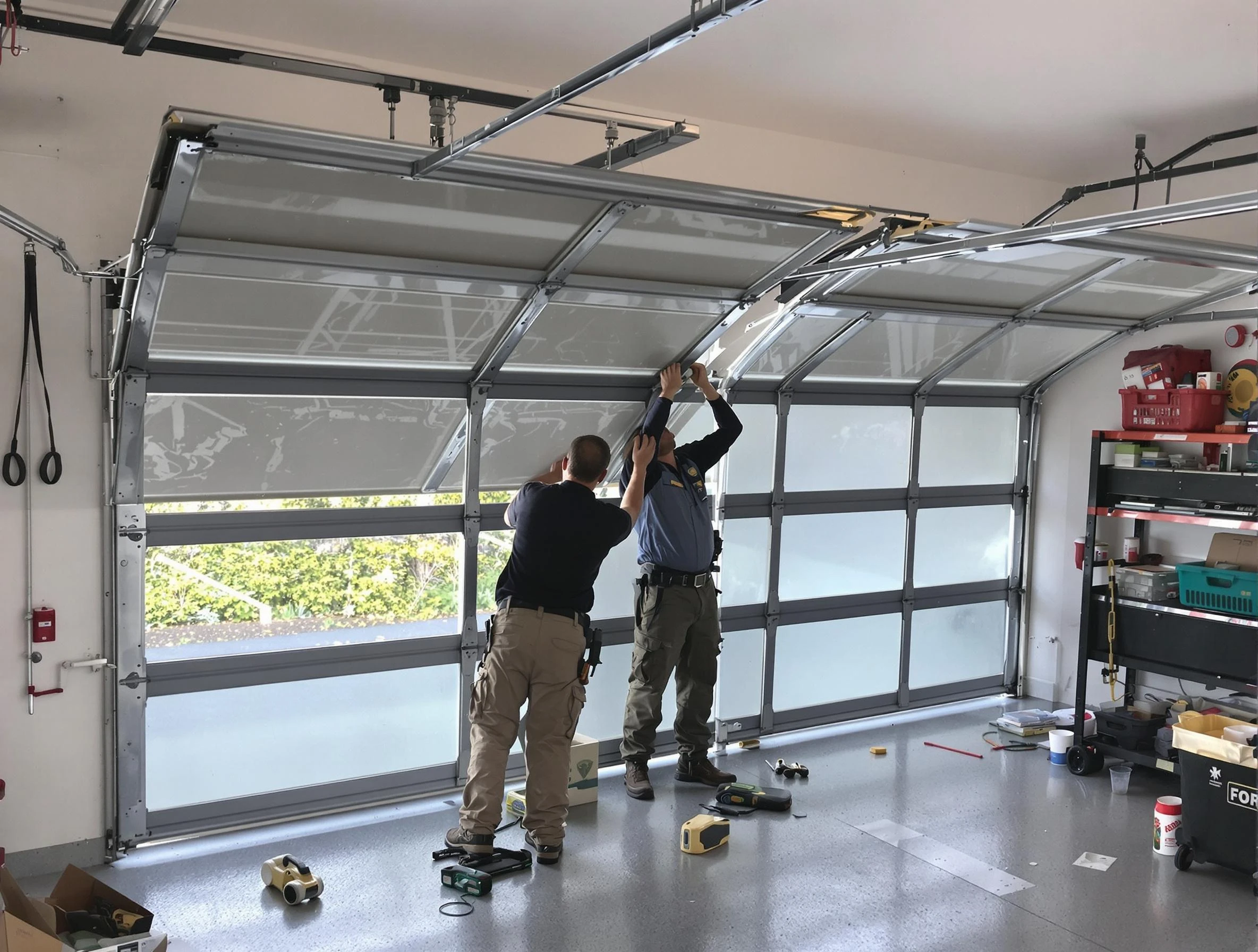 Magna Garage Door Repair expert performing precise panel replacement on Magna garage door